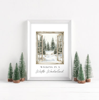 Christmas Print Watercolour snowy window walking in a winter wonder land Wall Art (unframed)