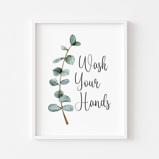 Wash your hands green blue eucalyptus botanical stem watercolour bathroom toilet unframed wall art poster print