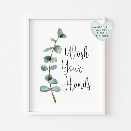 Wash your hands green blue eucalyptus botanical stem watercolour bathroom toilet unframed wall art poster print