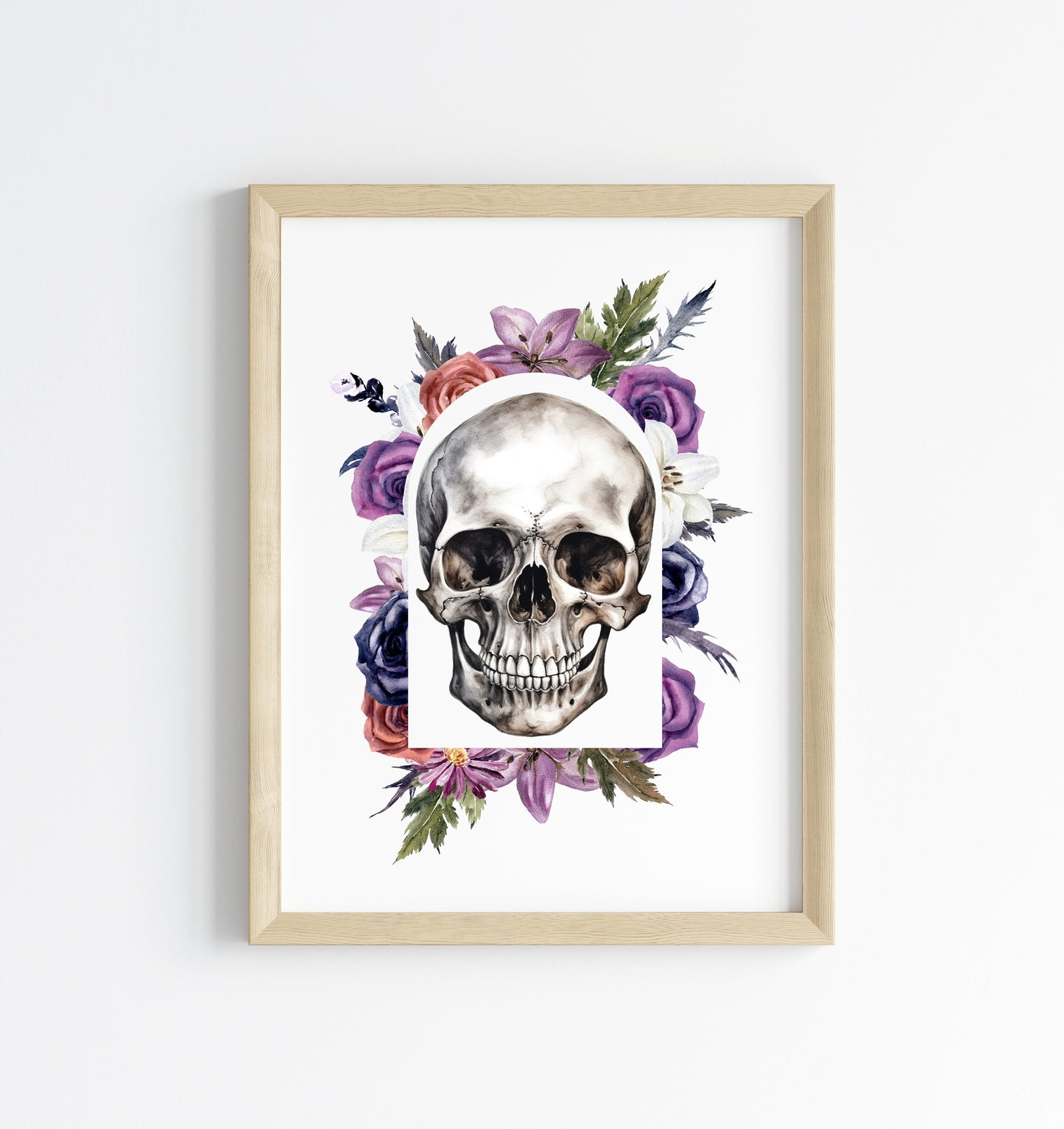 Skull watercolour drawing purple, red, green wreath watercolour illustration unframed wall art poster print