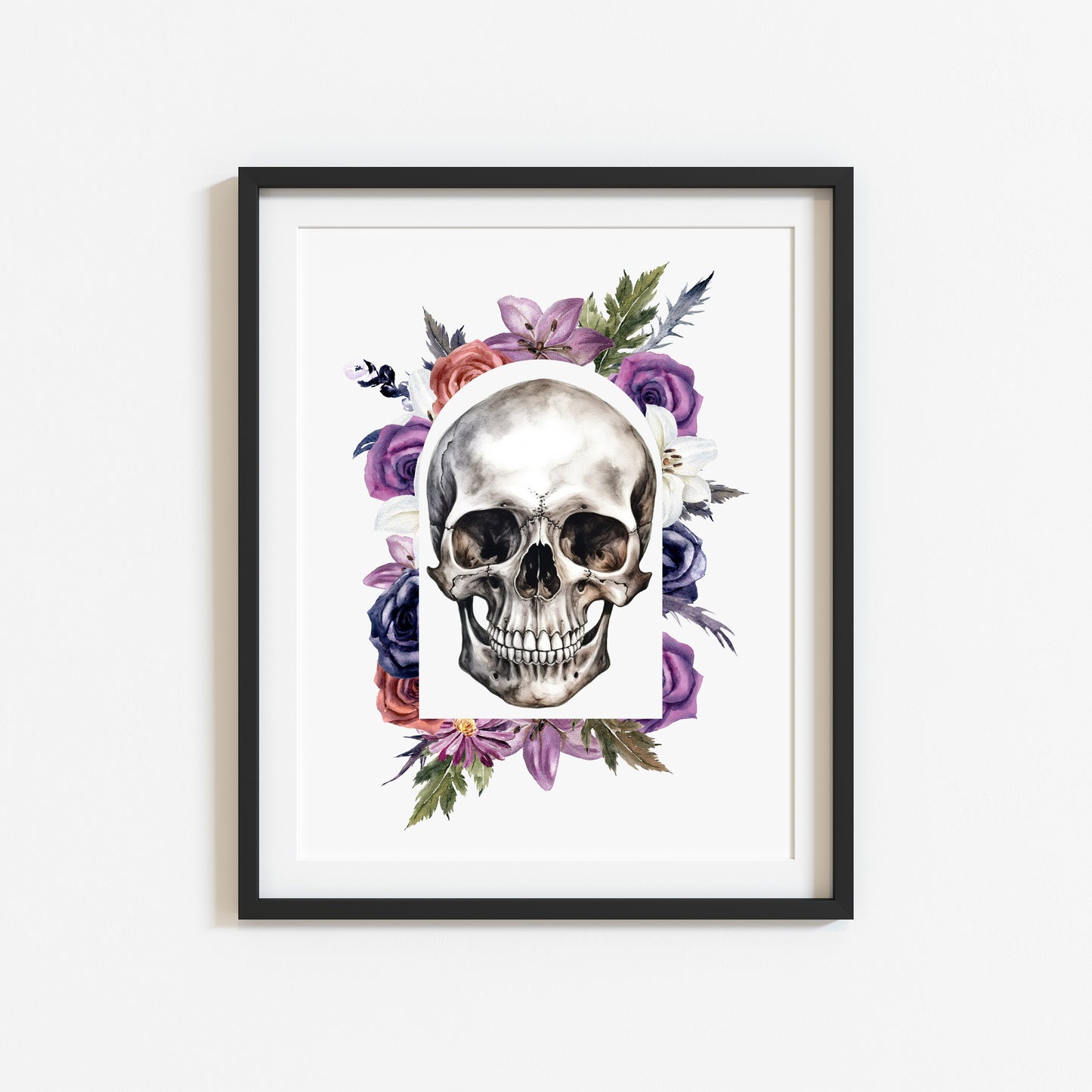 Skull watercolour drawing purple, red, green wreath watercolour illustration unframed wall art poster print