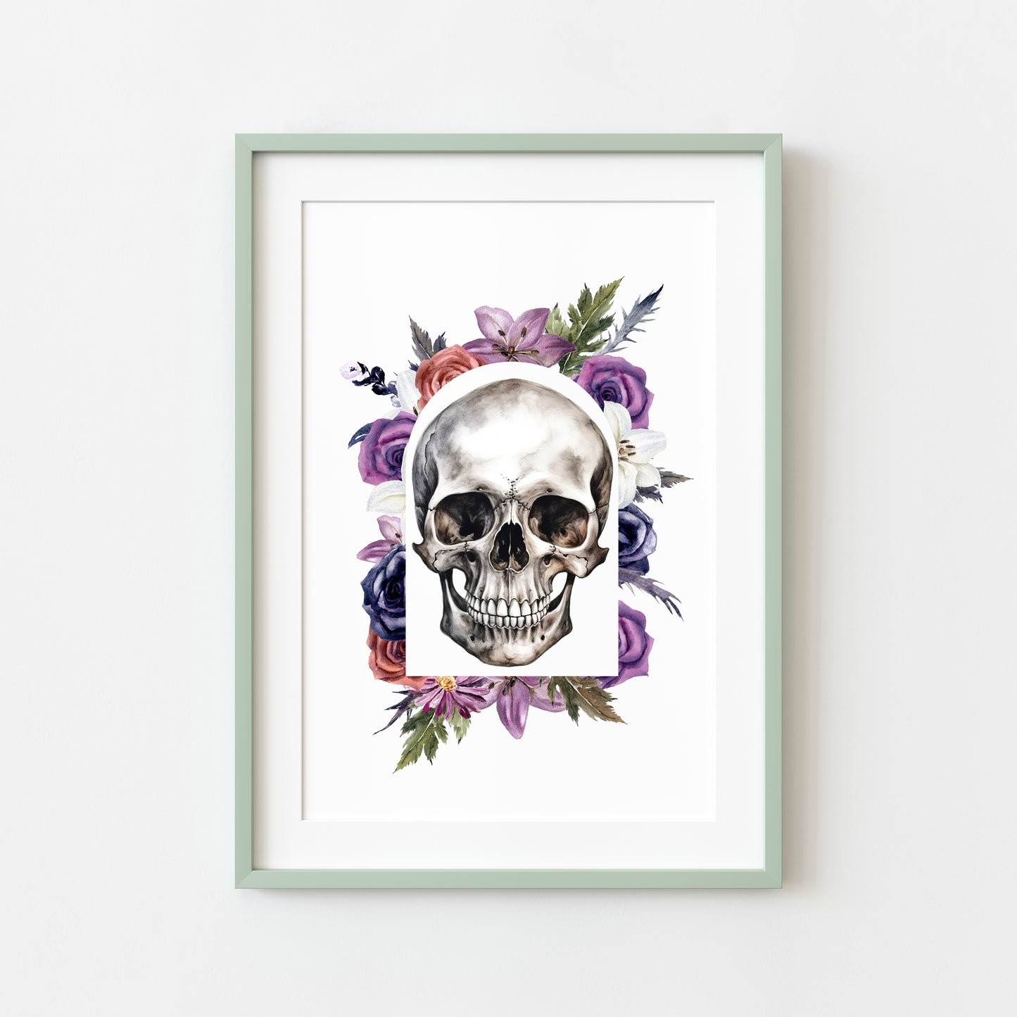 Skull watercolour drawing purple, red, green wreath watercolour illustration unframed wall art poster print