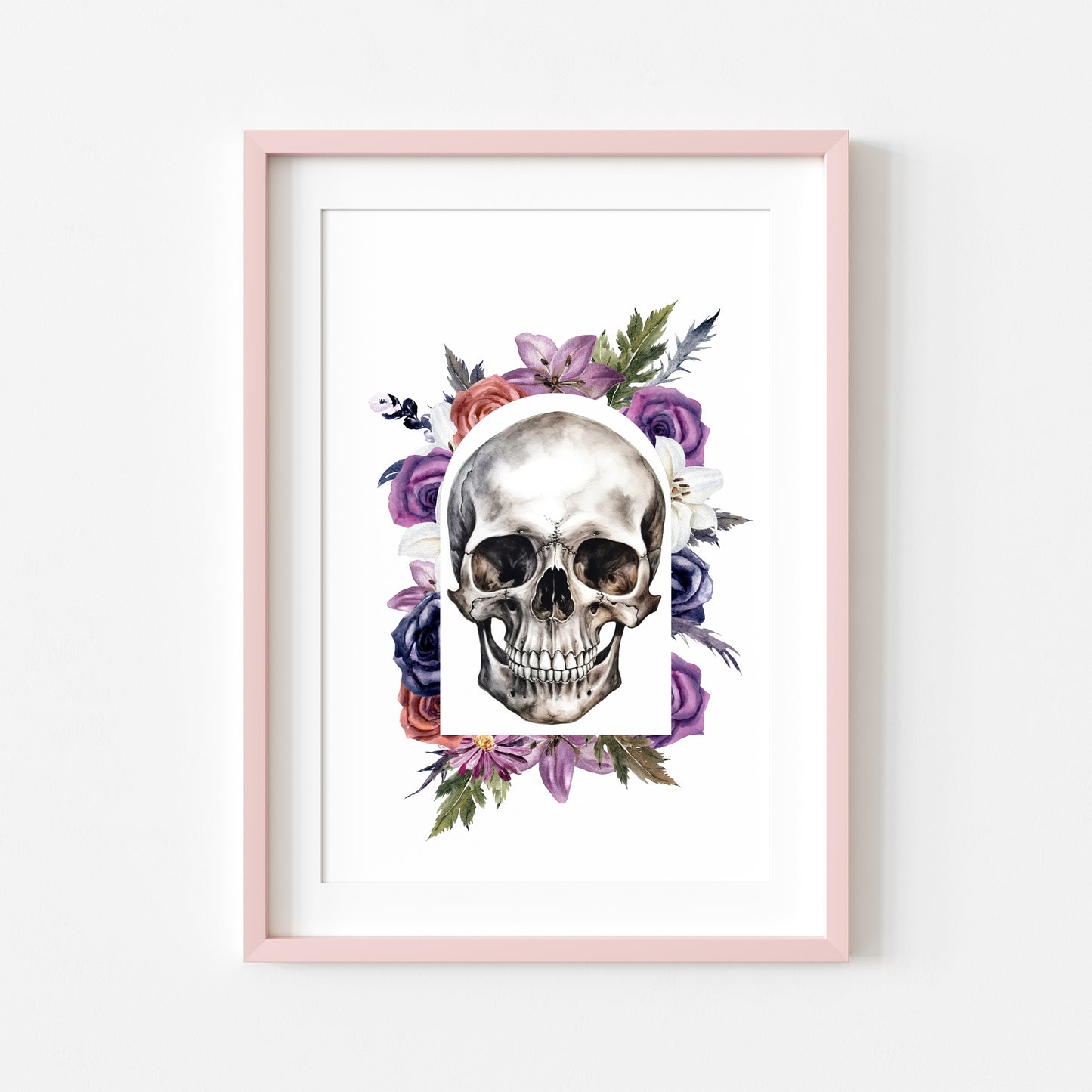 Skull watercolour drawing purple, red, green wreath watercolour illustration unframed wall art poster print