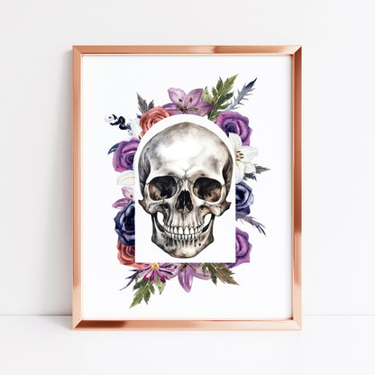 Skull watercolour drawing purple, red, green wreath watercolour illustration unframed wall art poster print