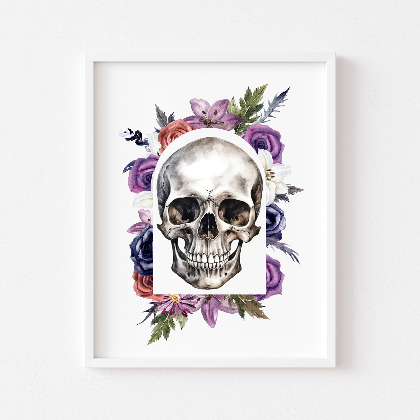 Skull watercolour drawing purple, red, green wreath watercolour illustration unframed wall art poster print