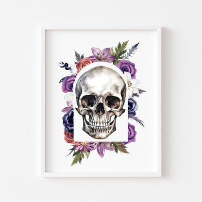 Skull watercolour drawing purple, red, green wreath watercolour illustration unframed wall art poster print