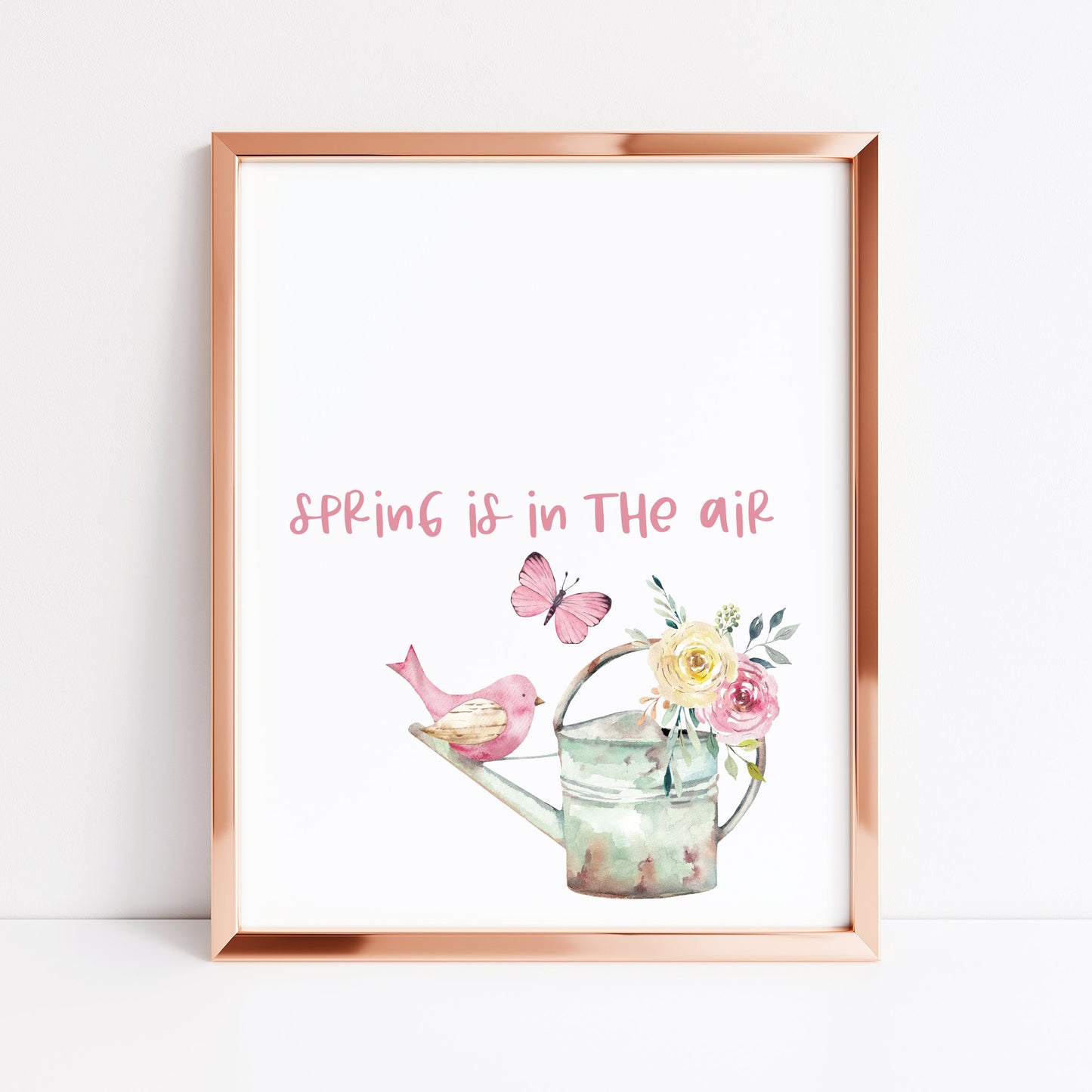 Spring is in the air pink floral birds and butterflies illustration unframed wall art poster print