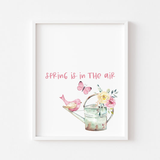 Spring is in the air pink floral birds and butterflies illustration unframed wall art poster print