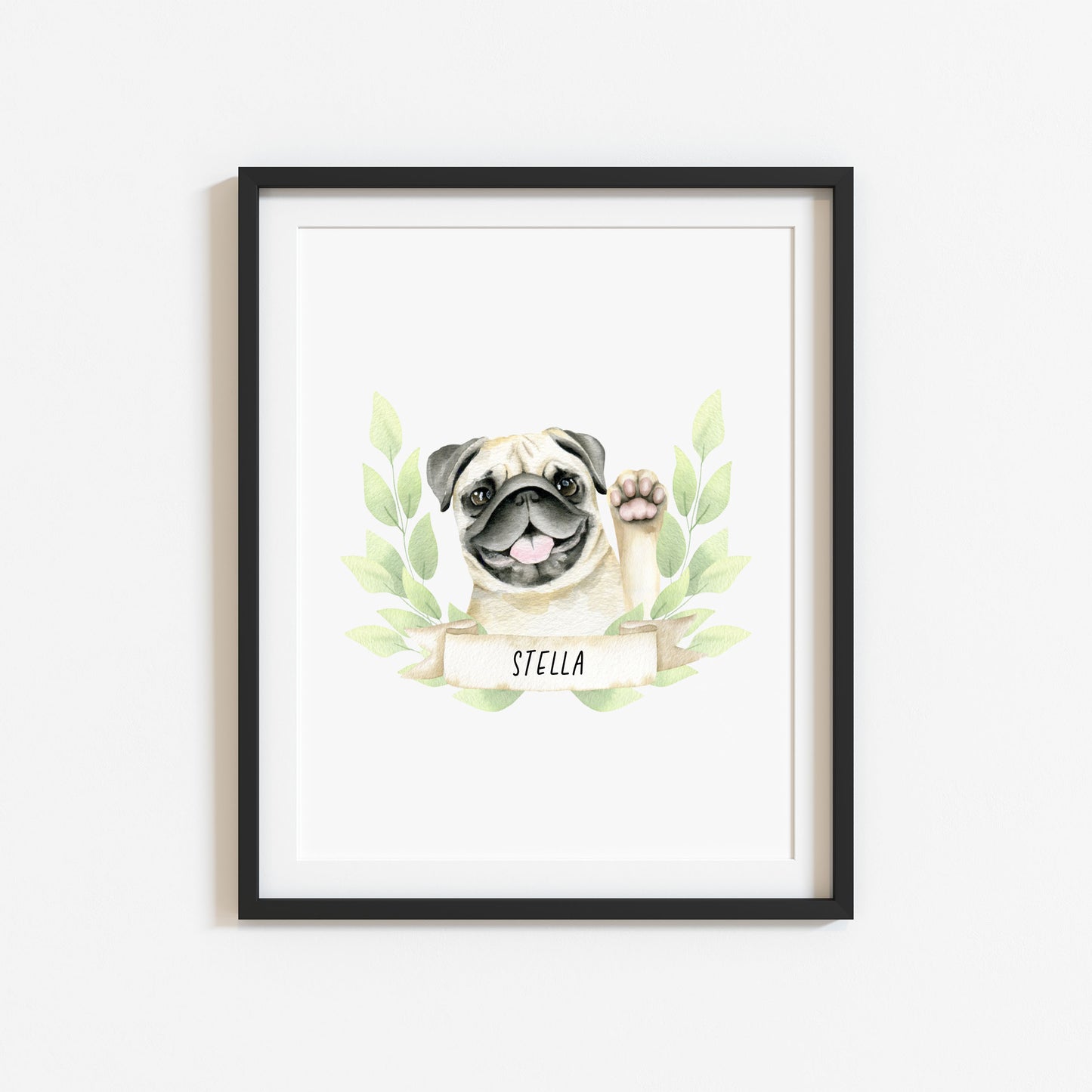 Personalised pug print, Beige waving pug, personalised name & green wreath dog pet unframed wall art poster print, personalised dog gifts