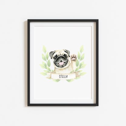 Personalised pug print, Beige waving pug, personalised name & green wreath dog pet unframed wall art poster print, personalised dog gifts