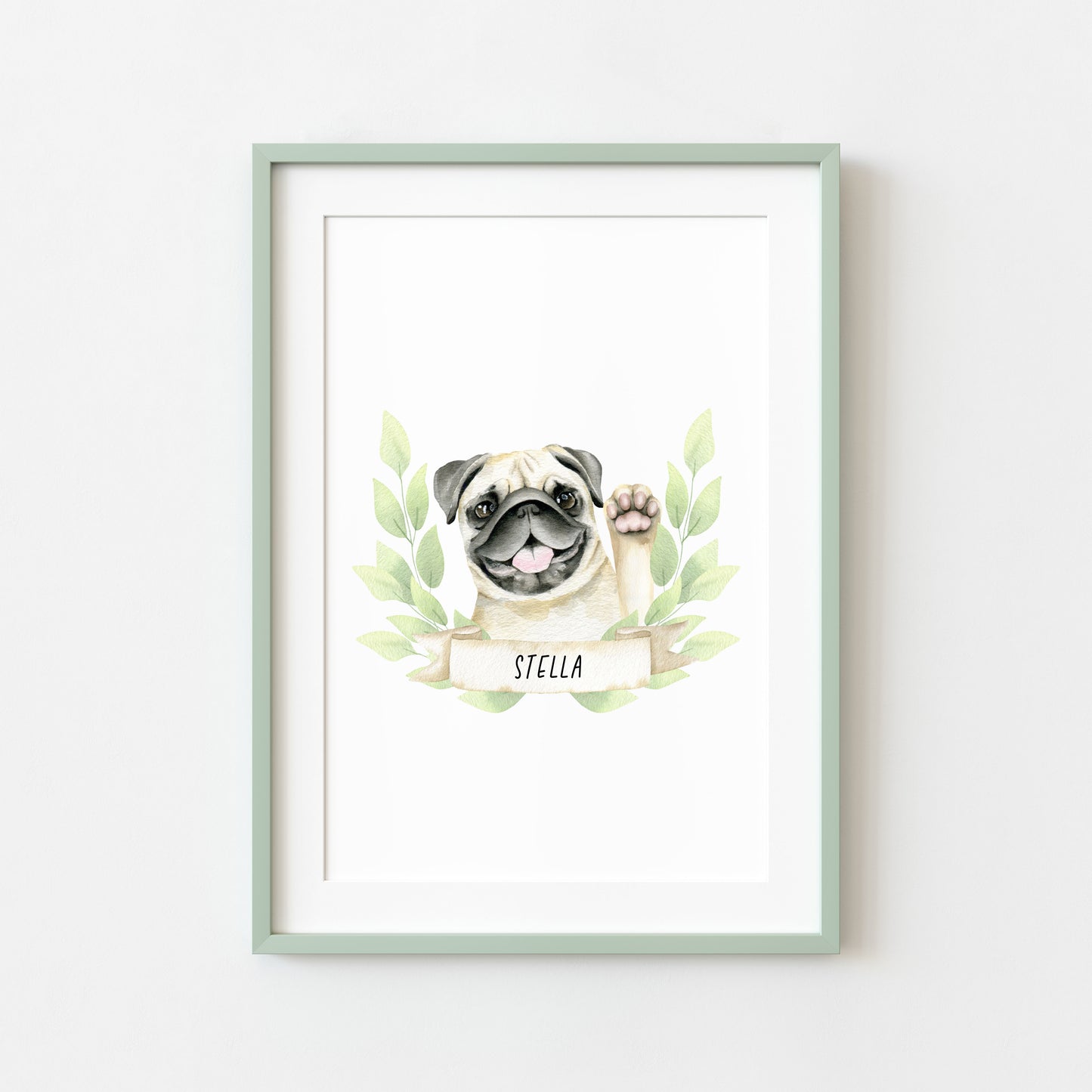 Personalised pug print, Beige waving pug, personalised name & green wreath dog pet unframed wall art poster print, personalised dog gifts