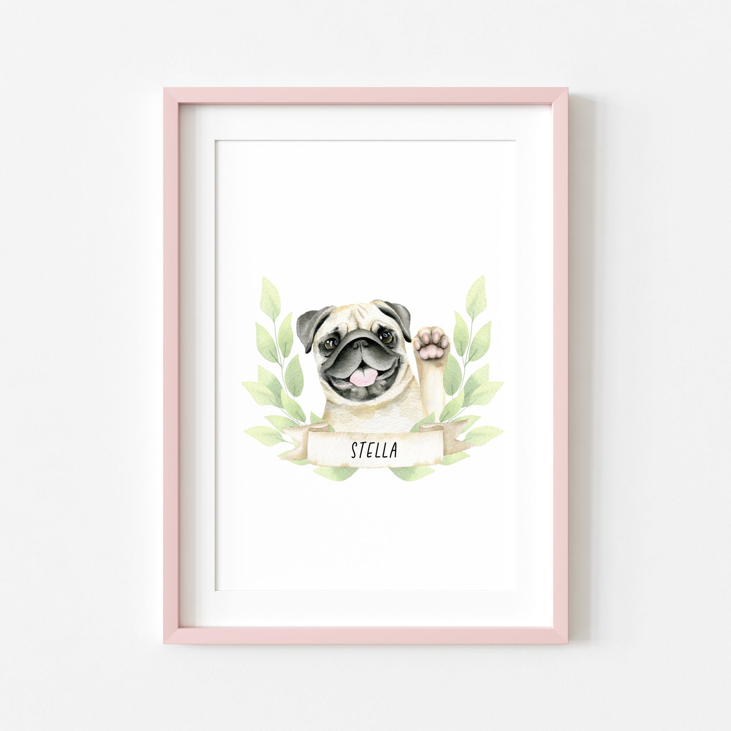 Personalised pug print, Beige waving pug, personalised name & green wreath dog pet unframed wall art poster print, personalised dog gifts