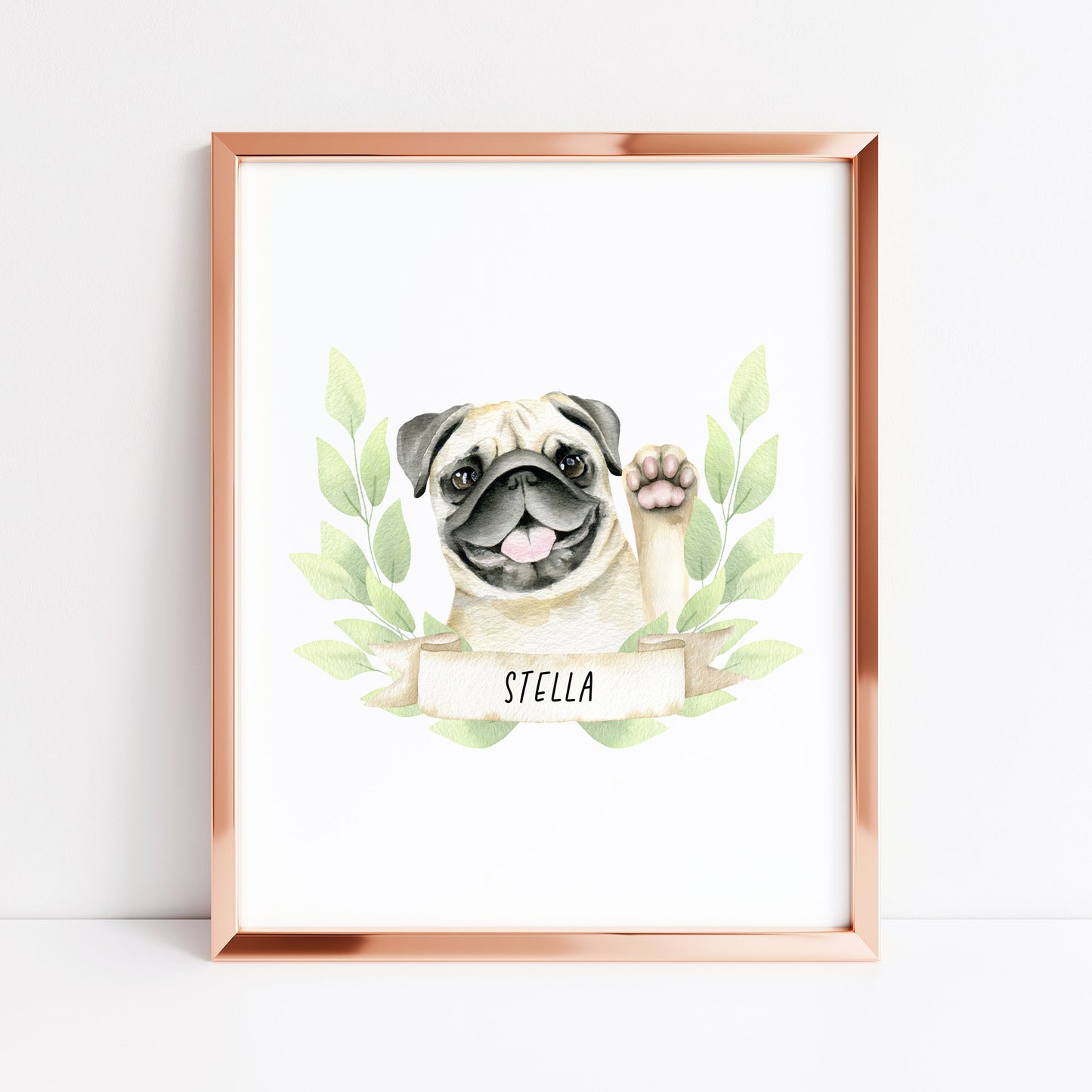 Personalised pug print, Beige waving pug, personalised name & green wreath dog pet unframed wall art poster print, personalised dog gifts