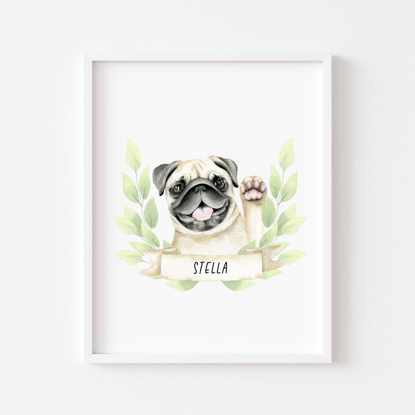 Personalised pug print, Beige waving pug, personalised name & green wreath dog pet unframed wall art poster print, personalised dog gifts