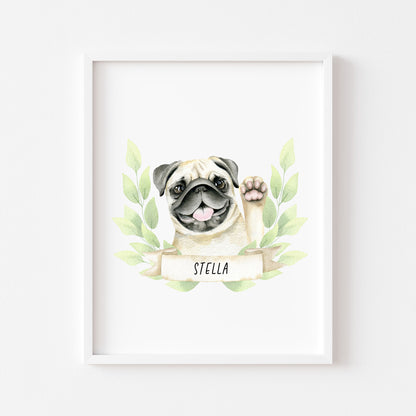 Personalised pug print, Beige waving pug, personalised name & green wreath dog pet unframed wall art poster print, personalised dog gifts