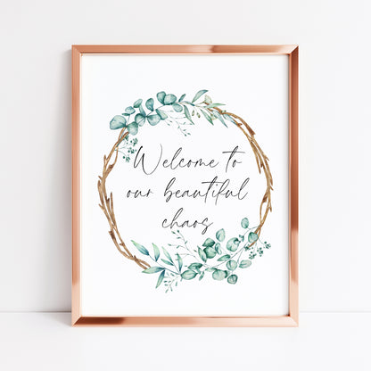 Welcome to our beautiful chaos greenery wooden wreath watercolour home unframed wall art poster print