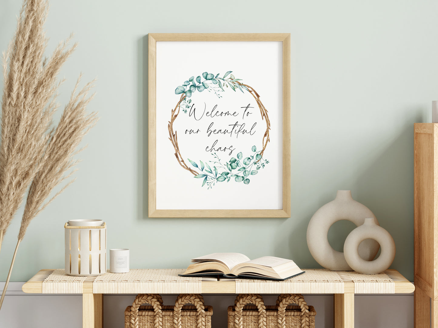 Welcome to our beautiful chaos greenery wooden wreath watercolour home unframed wall art poster print