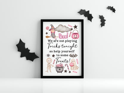 Trick or treat sign, we are out playing tricks, help yourself to some treats pink watercolour halloween sign unframed wall art poster print