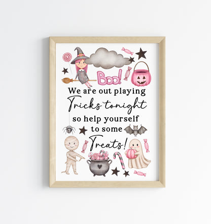 Trick or treat sign, we are out playing tricks, help yourself to some treats pink watercolour halloween sign unframed wall art poster print