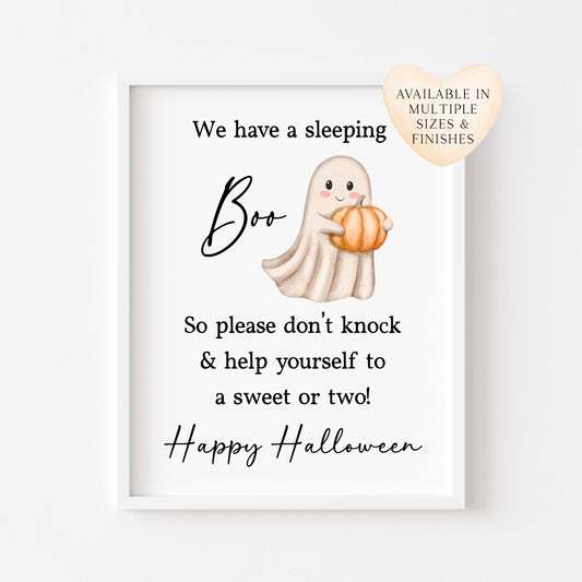 Halloween sign, baby sleeping please don't knock sleeping boo, ghost trick or treat sign watercolour cute halloween unframed wall art poster print