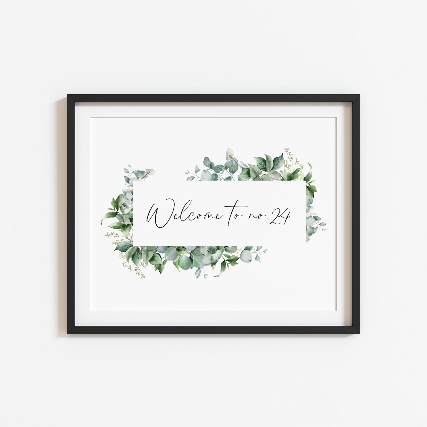 Personalised Welcome to No. green watercolour eucalyptus home unframed wall art poster print