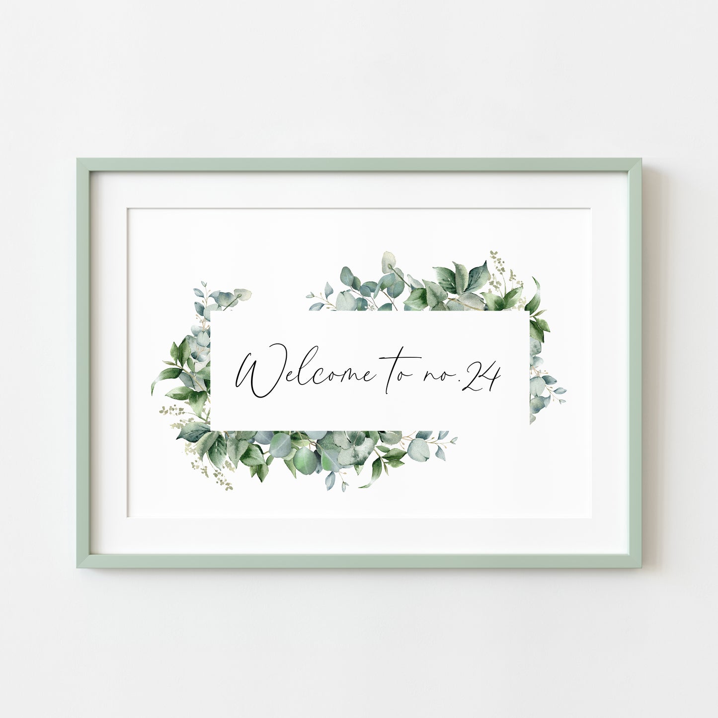 Personalised Welcome to No. green watercolour eucalyptus home unframed wall art poster print