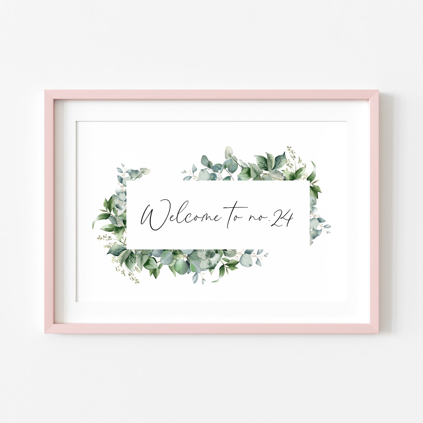 Personalised Welcome to No. green watercolour eucalyptus home unframed wall art poster print