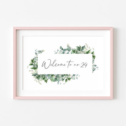 Personalised Welcome to No. green watercolour eucalyptus home unframed wall art poster print