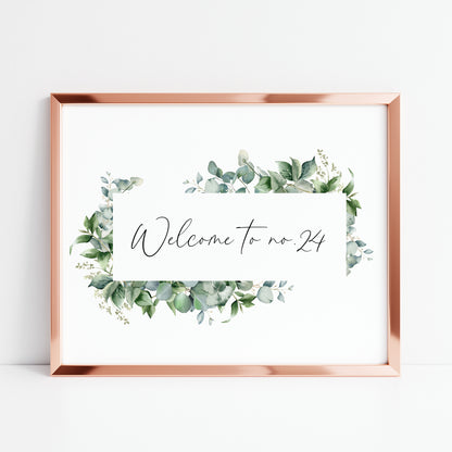 Personalised Welcome to No. green watercolour eucalyptus home unframed wall art poster print