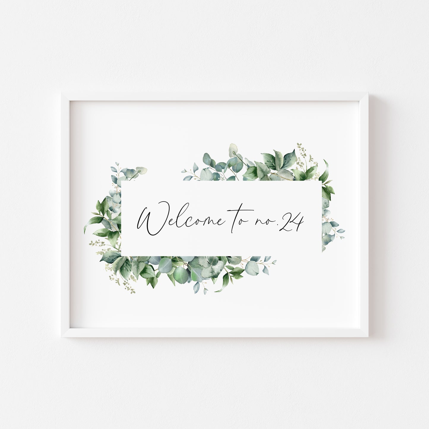 Personalised Welcome to No. green watercolour eucalyptus home unframed wall art poster print