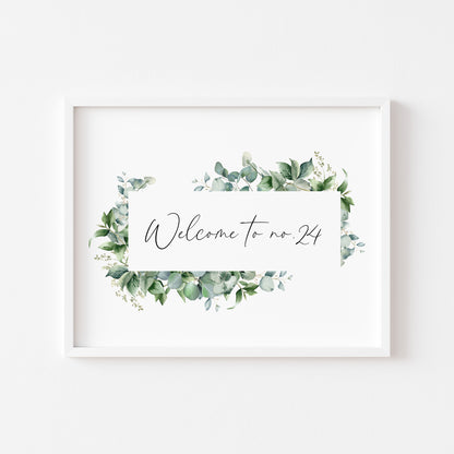 Personalised Welcome to No. green watercolour eucalyptus home unframed wall art poster print