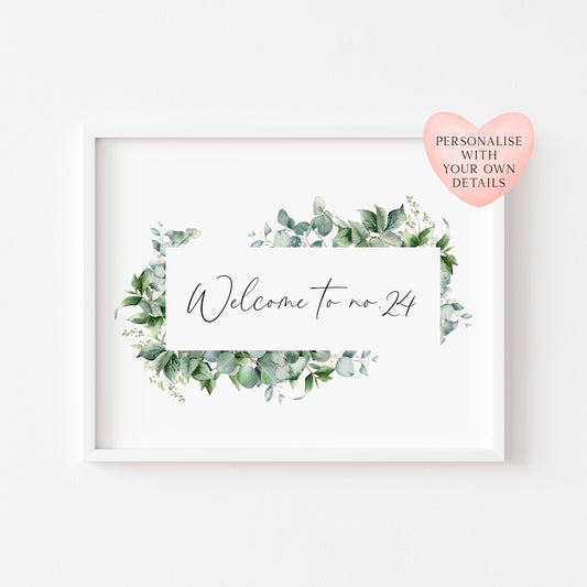 Personalised Welcome to No. green watercolour eucalyptus home unframed wall art poster print