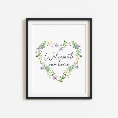 Home print, welcome to our home floral wildflower heart wreath unframed wall art poster print