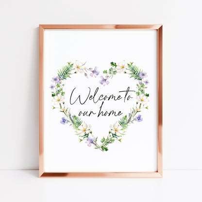 Home print, welcome to our home floral wildflower heart wreath unframed wall art poster print