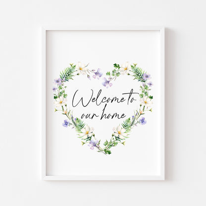 Home print, welcome to our home floral wildflower heart wreath unframed wall art poster print