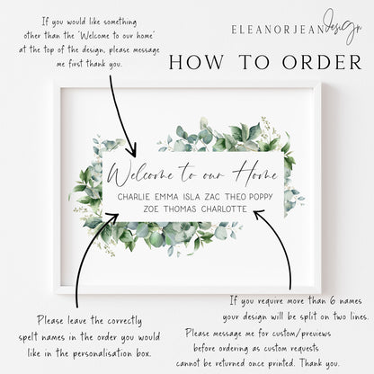 Personalised Family welcome eucalyptus wreath Custom Home unframed Wall Art