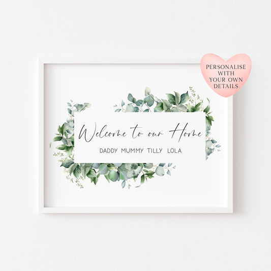 Personalised Family welcome eucalyptus wreath Custom Home unframed Wall Art