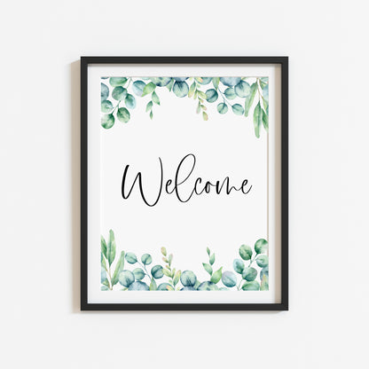 Welcome eucalyptus home print, welcome botanical floral borderless unframed wall art poster print