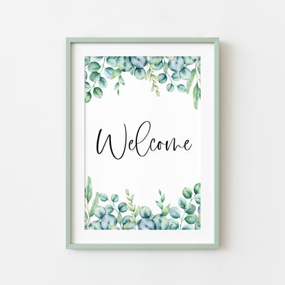 Welcome eucalyptus home print, welcome botanical floral borderless unframed wall art poster print