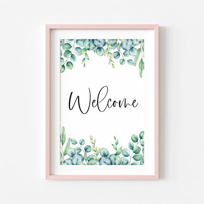 Welcome eucalyptus home print, welcome botanical floral borderless unframed wall art poster print