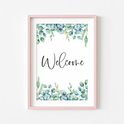 Welcome eucalyptus border watercolour home hallway unframed wall art poster print