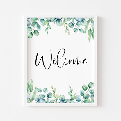 Welcome eucalyptus home print, welcome botanical floral borderless unframed wall art poster print