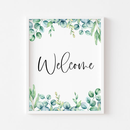 Welcome eucalyptus home print, welcome botanical floral borderless unframed wall art poster print