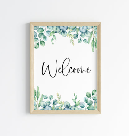 Welcome eucalyptus home print, welcome botanical floral borderless unframed wall art poster print