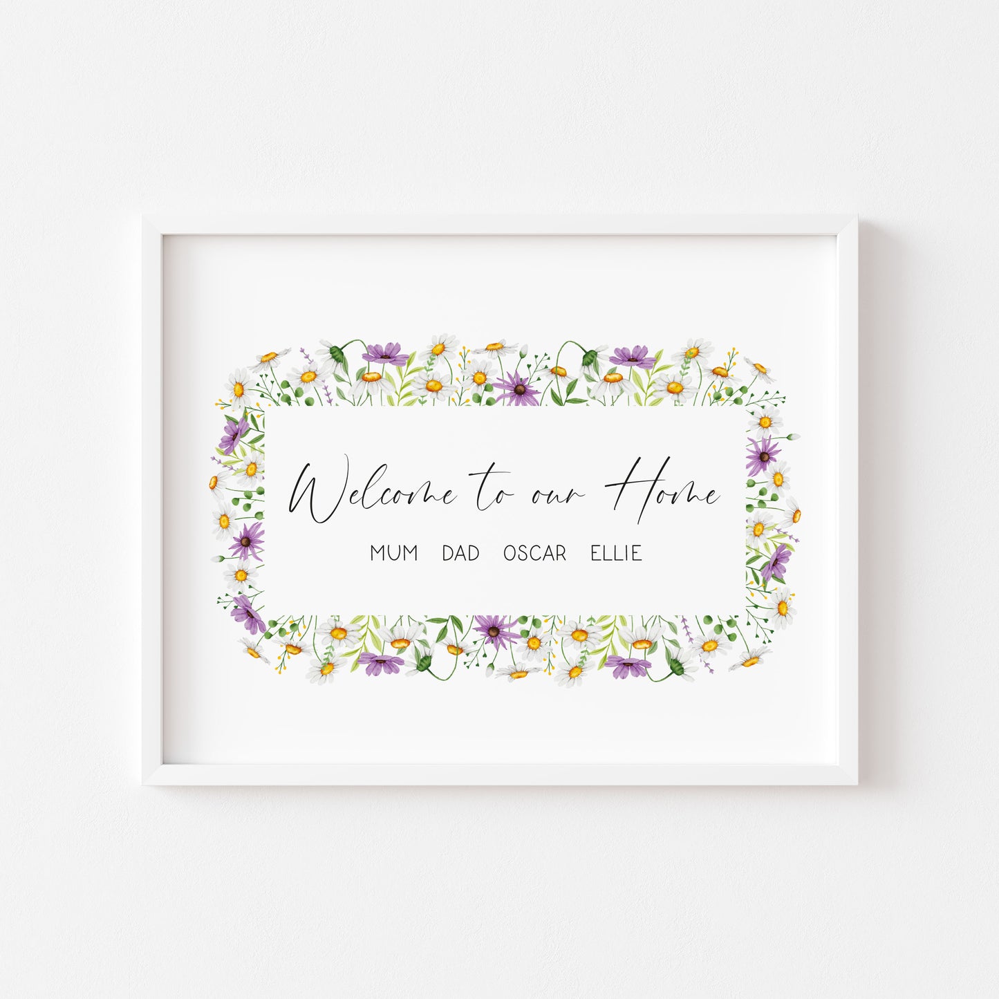 Personalised Family welcome to our home purple daises personalised with names wreath unframed Wall Art