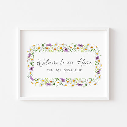 Personalised Family welcome to our home purple daises personalised with names wreath unframed Wall Art