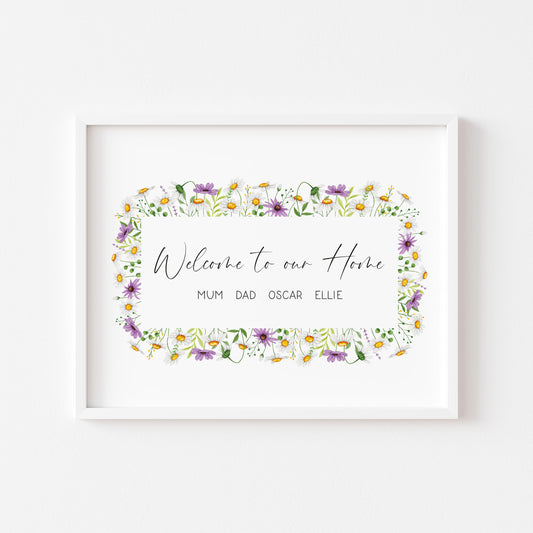 Personalised Family welcome to our home purple daises personalised with names wreath unframed Wall Art