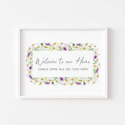 Personalised Family welcome to our home purple daises personalised with names wreath unframed Wall Art