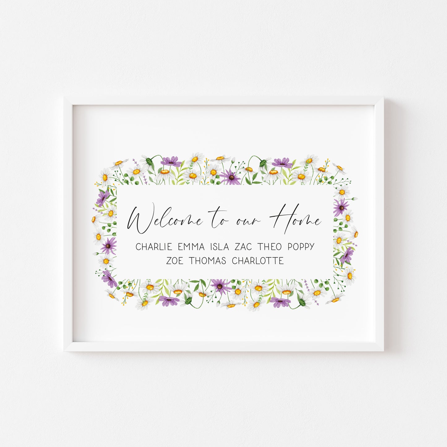 Personalised Family welcome to our home purple daises personalised with names wreath unframed Wall Art