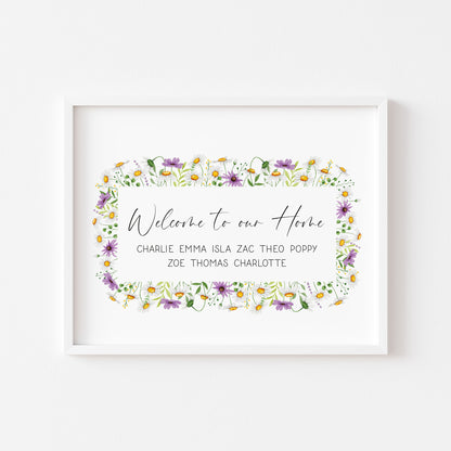Personalised Family welcome to our home purple daises personalised with names wreath unframed Wall Art